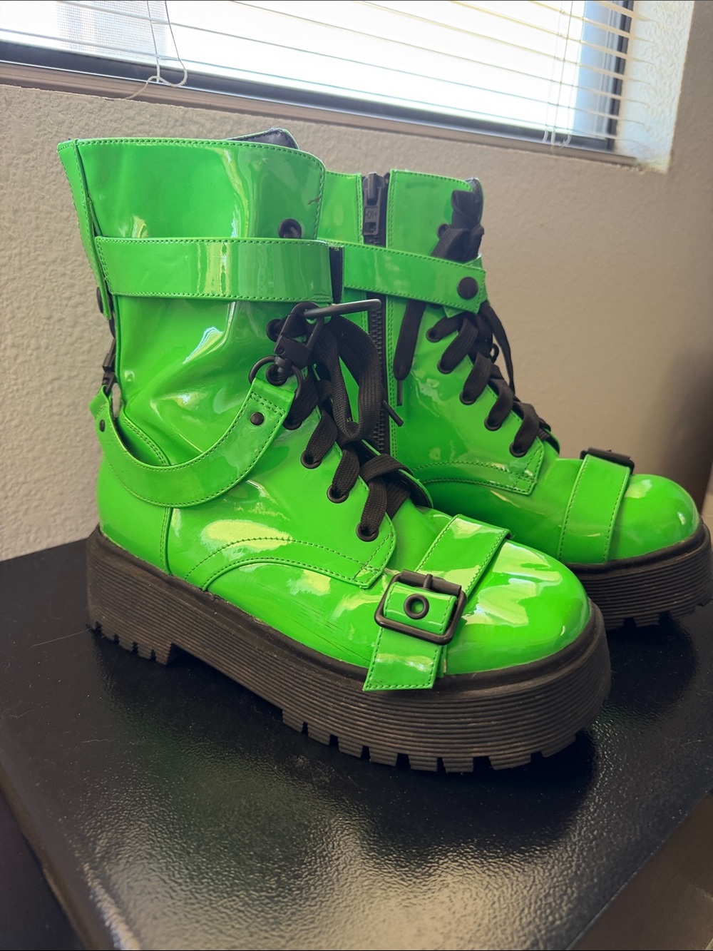 Dolls Kill Neon Green Patent Platform Combat Boots